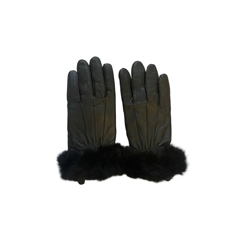 Black Leather Fur Trim Gloves Lined Winter Size S